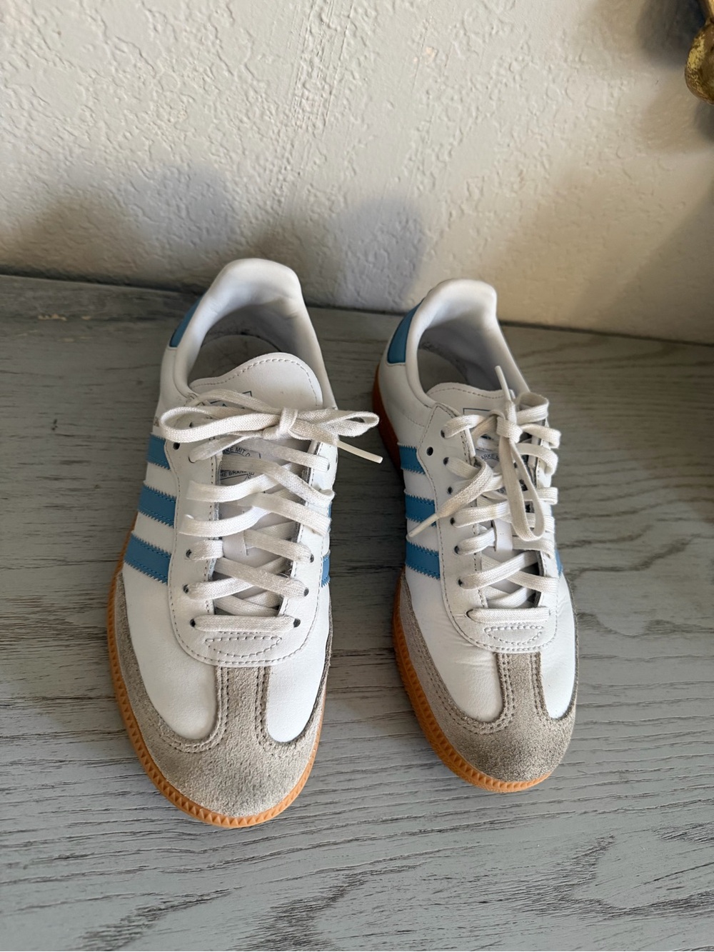 adidas Kids White Sneakers with Light Blue Stripes and Gum Sole
